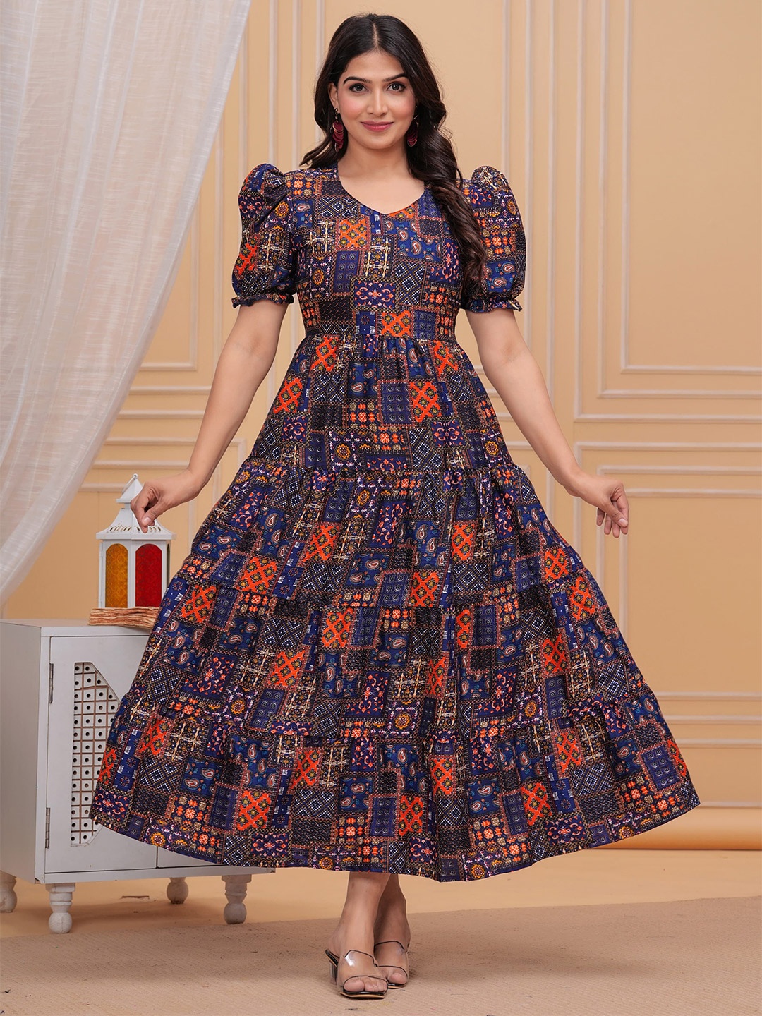 

AARYAHI Geometric Printed Tiered Cotton Gown Maxi Dress, Purple