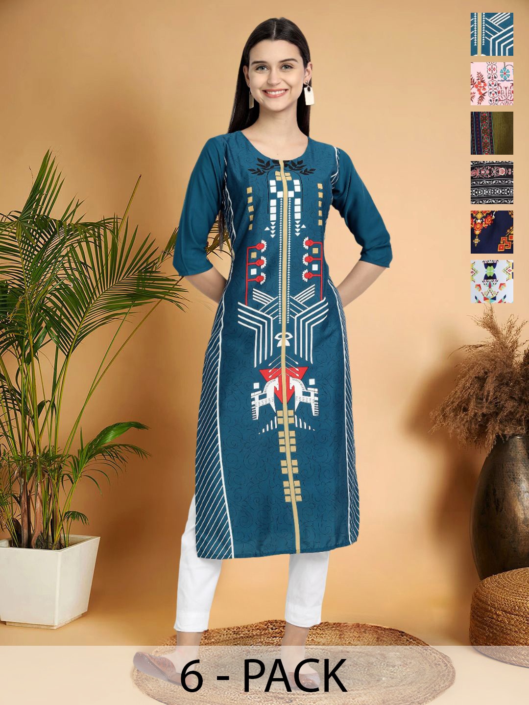 

7Threads Selection Of 6 Geometric Printed Round Neck Kurtas, Teal