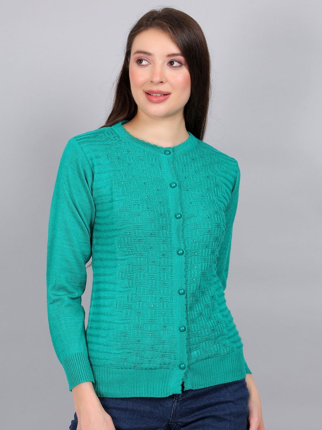 

YOUTH ROBE Women Self Design Round Neck Woollen, Green