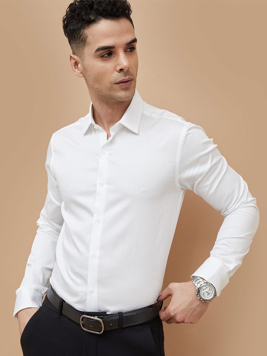 

CODE by Lifestyle Men Slim Fit Spread Collar Solid Cotton Formal Shirt, White