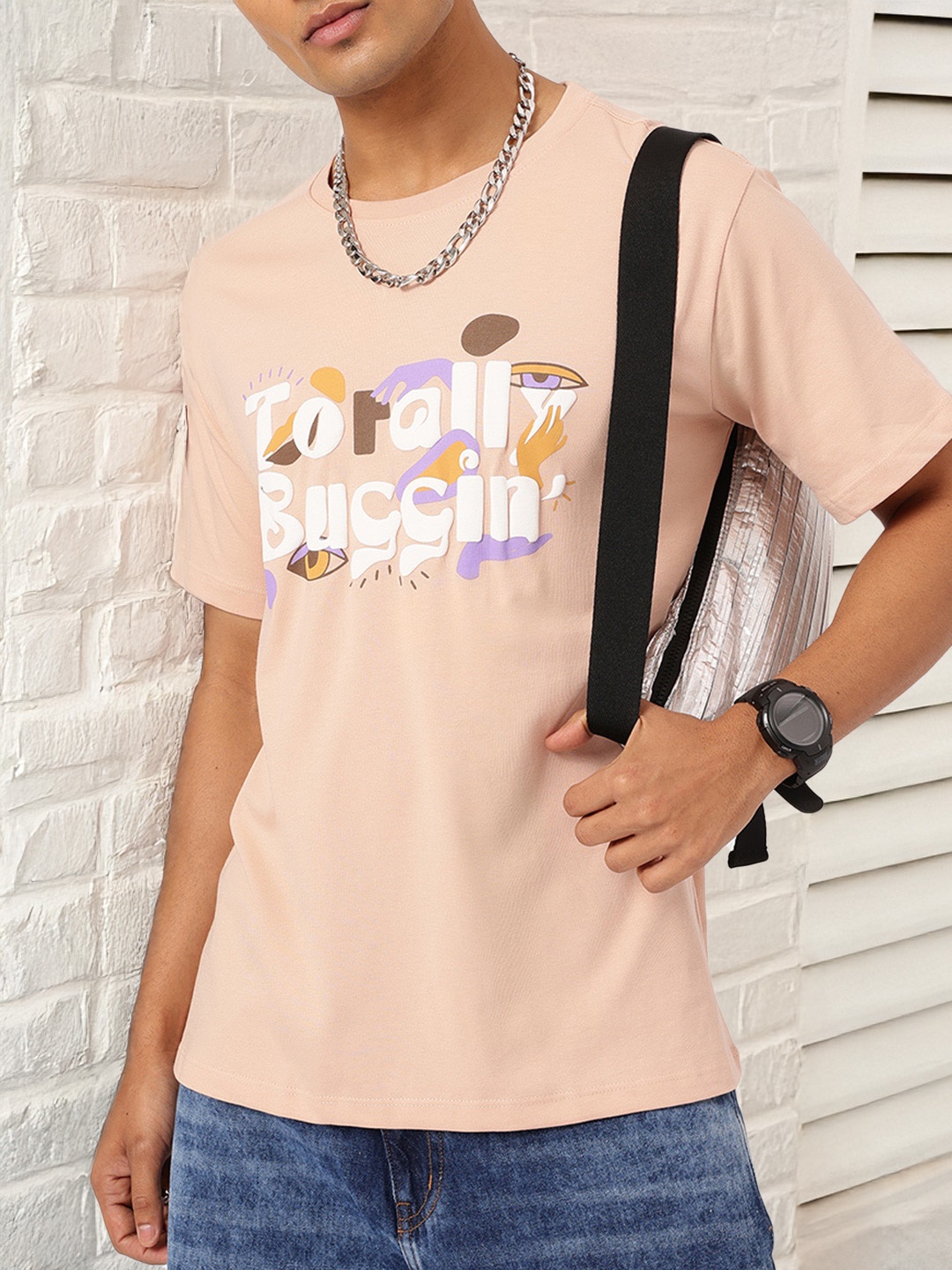 

Kook N Keech Edgy Streetwear Embossed Printed Relaxed T-shirt, Peach