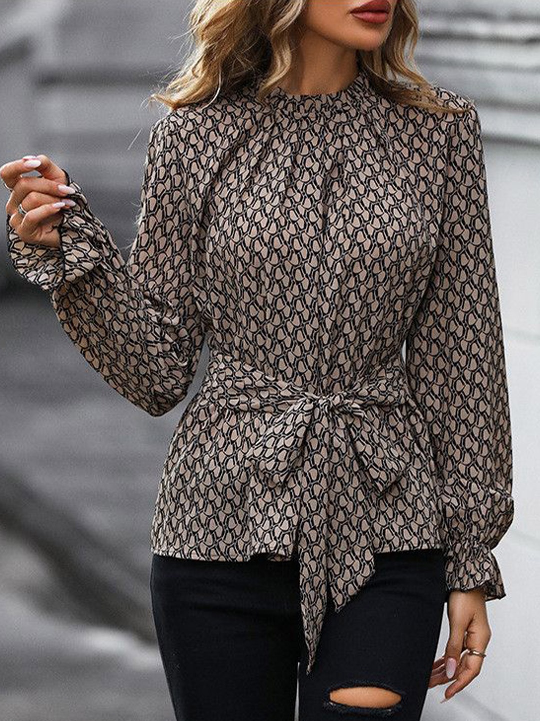 

DressBerry Round Neck Print Top, Beige