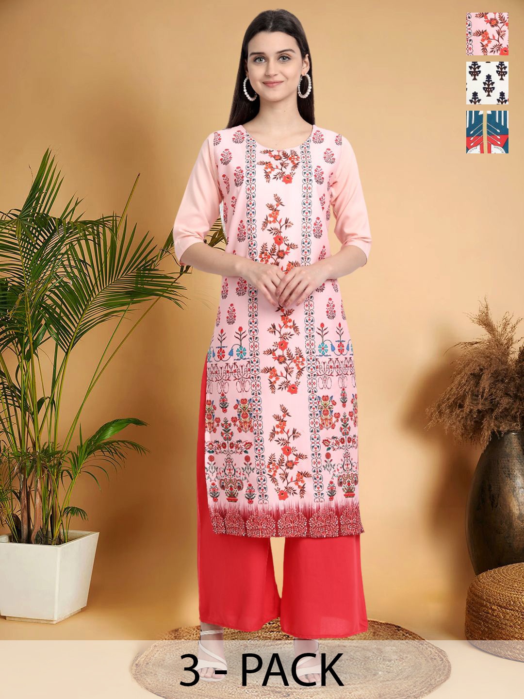 

7Threads Selection Of 3 Floral Printed Round Neck Straight Kurtas, Pink