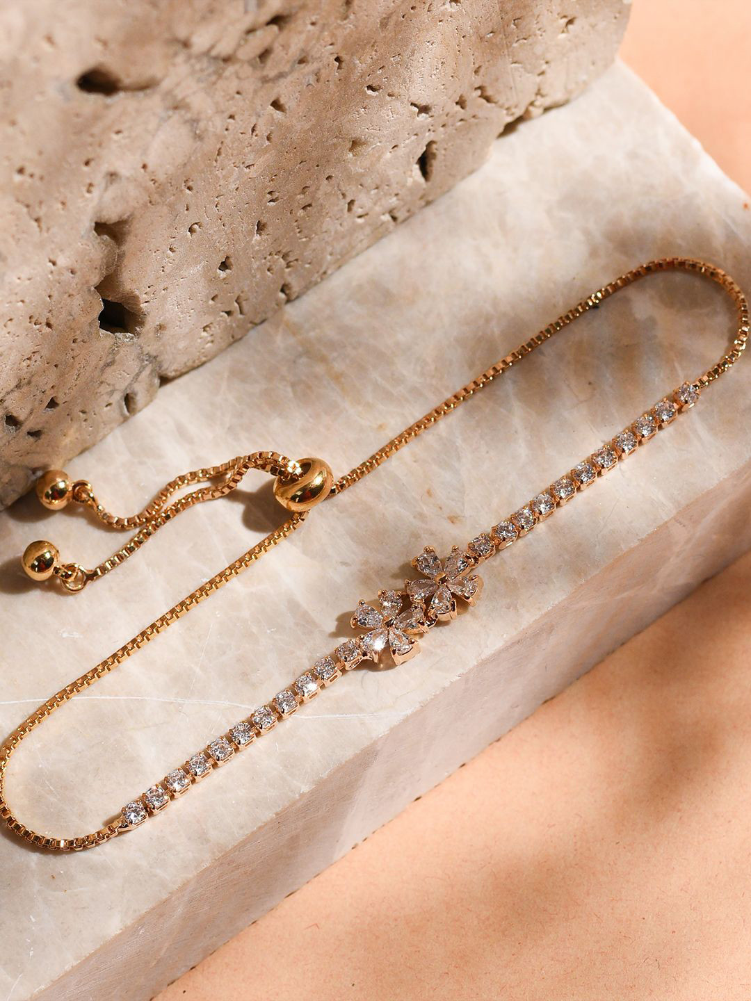 

XPNSV Gold-Plated American Diamond Studded Floral Cluster Charm Bracelet