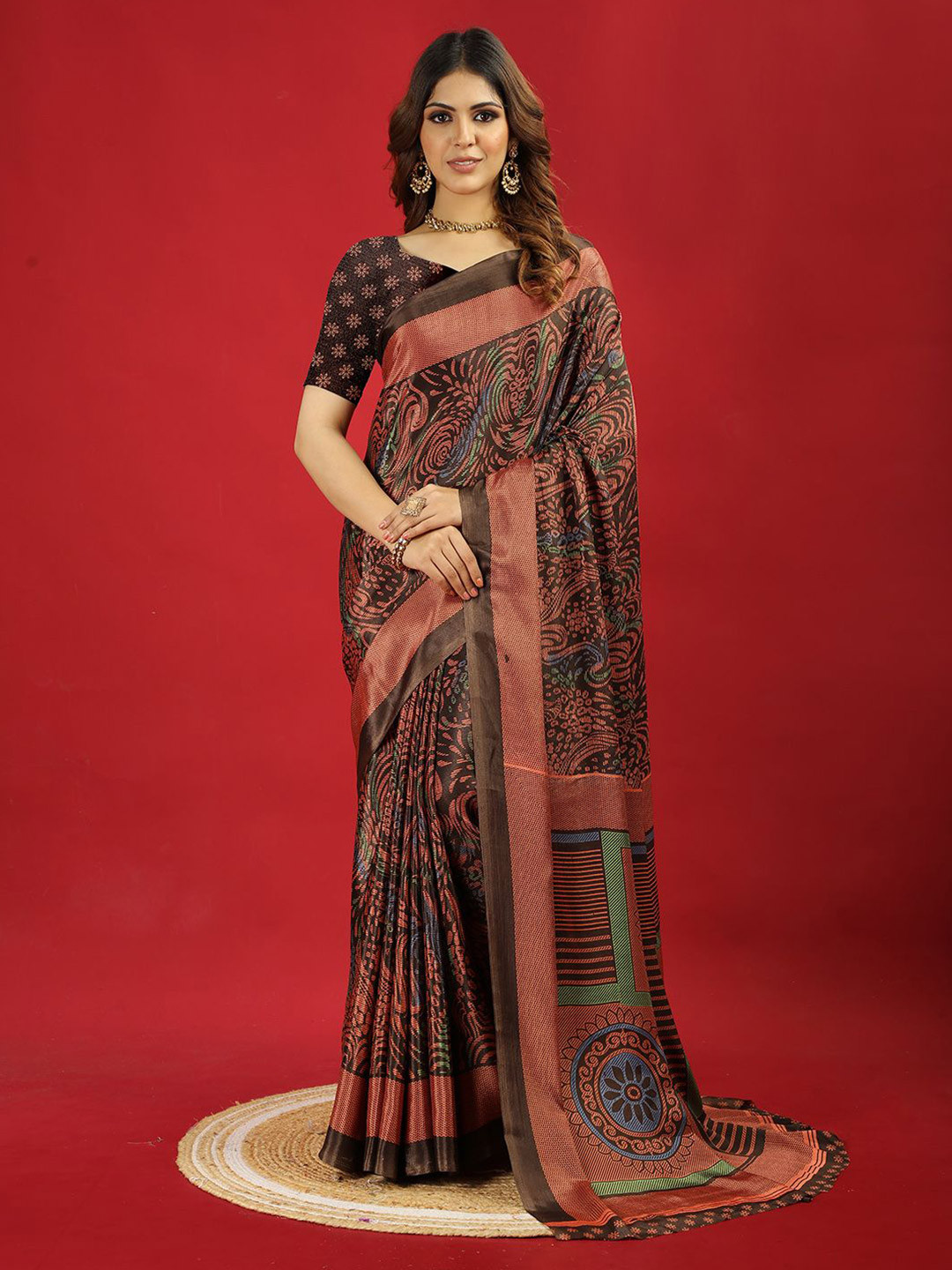 

A.V.M. SILK MILLS Abstract Printed Pure Crepe Saree, Coffee brown