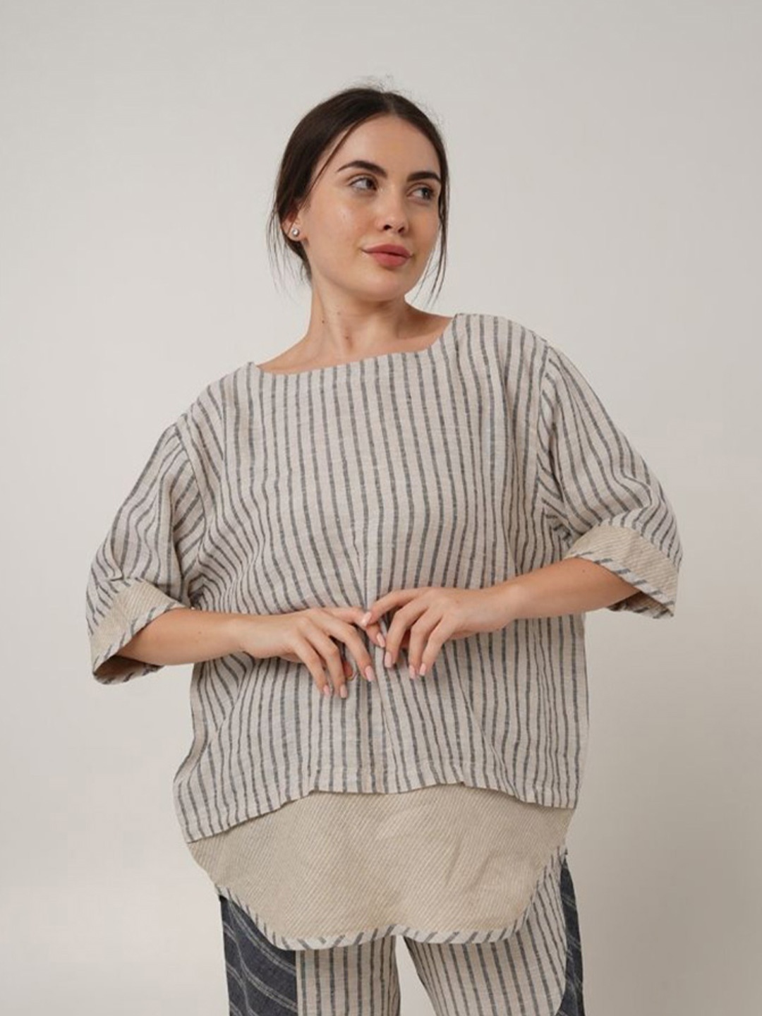 

Fabulous Striped Pure Linen Top, Brown