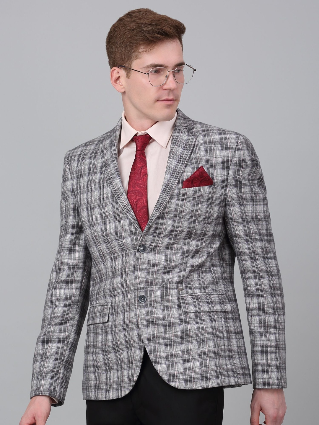 

Cantabil Checked Notched Lapel Single Breasted Blazer, Grey