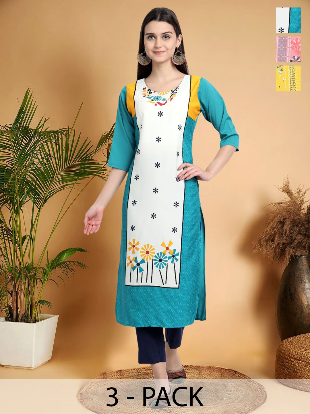 

7Threads Selection Of 3 Floral Printed Round Neck Straight Kurtas, Blue