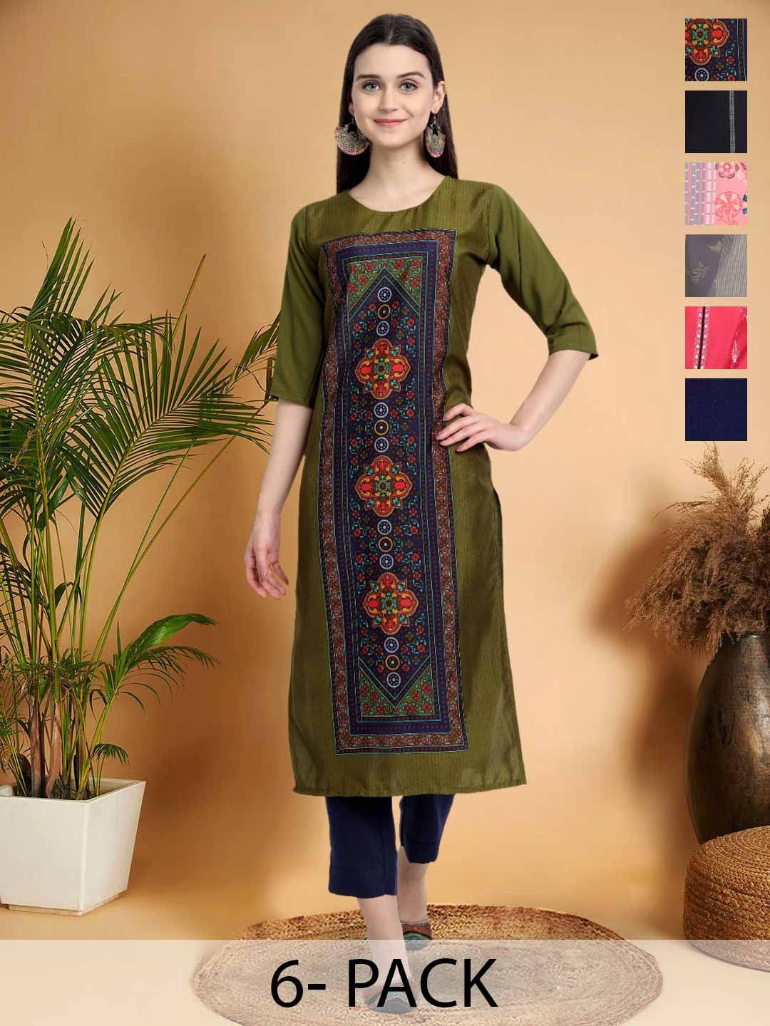 

7Threads Selection Of 6 Ethnic Motifs Printed Round Neck Kurtas, Green