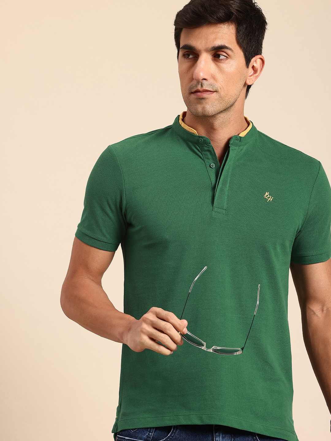 

Being Human Henley Neck Pure Cotton T-shirt, Green