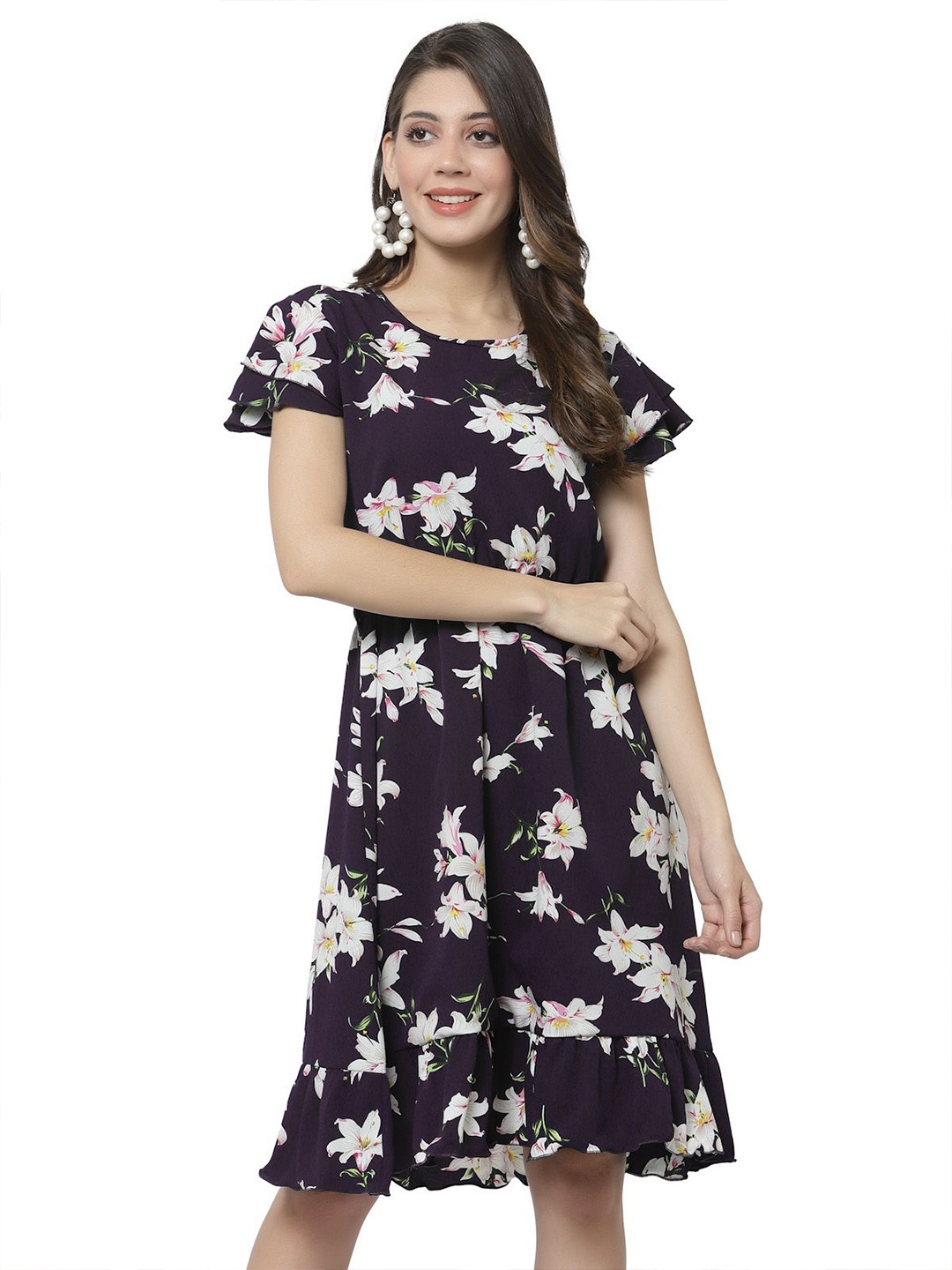 

DELIS Women Floral Printed Fit & Flare Dress, Navy blue