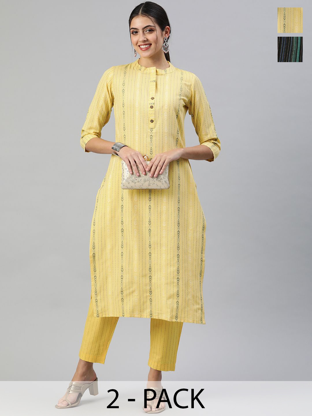 

KALINI Selection of 2 Striped Mandarin Collar Straight Kurtas with Trousers, Yellow