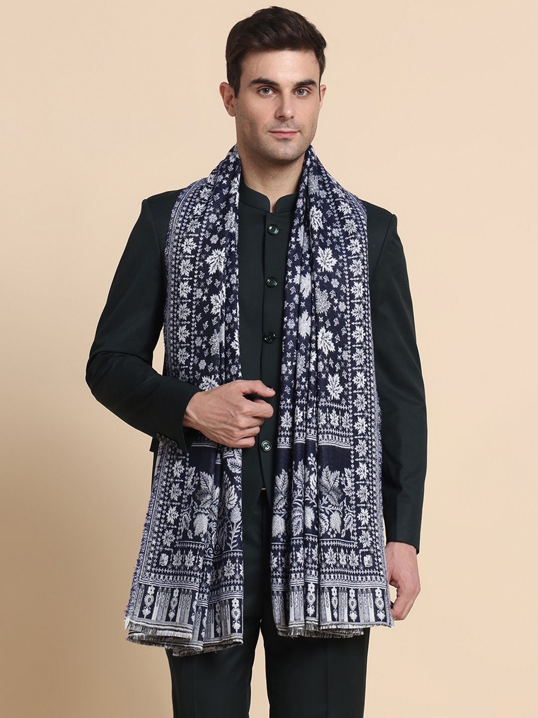 

WEAVERS VILLA Men Floral Woven Design Shawl, Navy blue