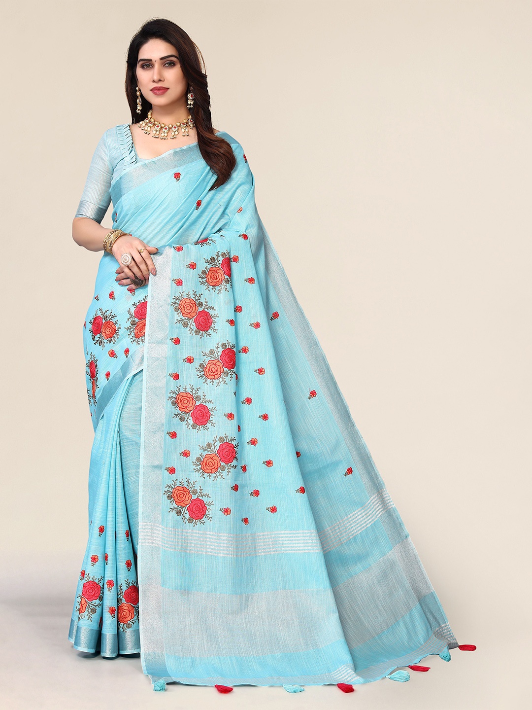 

A.V.M. SILK MILLS Ethnic Motifs Zari Pure Cotton Saree, Blue