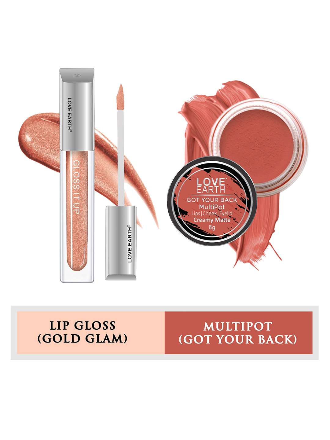 

LOVE EARTH 2-Pcs Gloss It Up Lip Gloss & Creme Matte Multipot - Gold Glam-Got Your Back, Coral