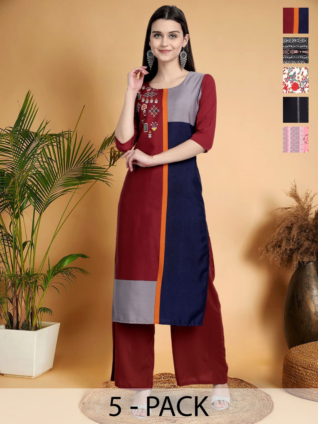

7Threads Selection Of 5 Colourblocked Round Neck Straight Kurtas, Maroon