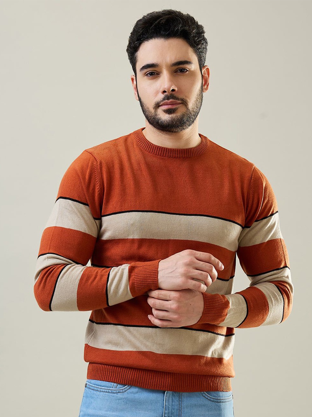 

TIM PARIS Men Striped Pullover Sweaters, Brown