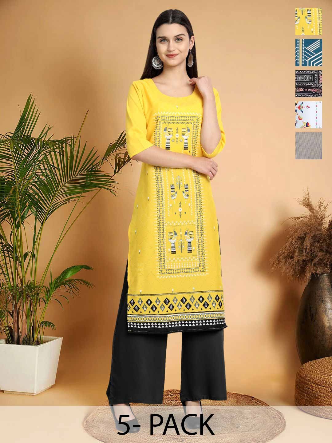 

7Threads Selection Of 5 Ethnic Motifs Printed Round Neck Straight Kurtas, Yellow