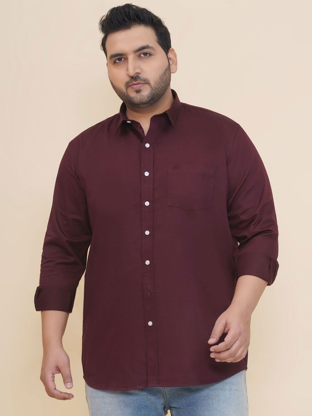 

John Pride Men Plus Size Oversized Fit Spread Collar Solid Satin Casual Shirt, Maroon