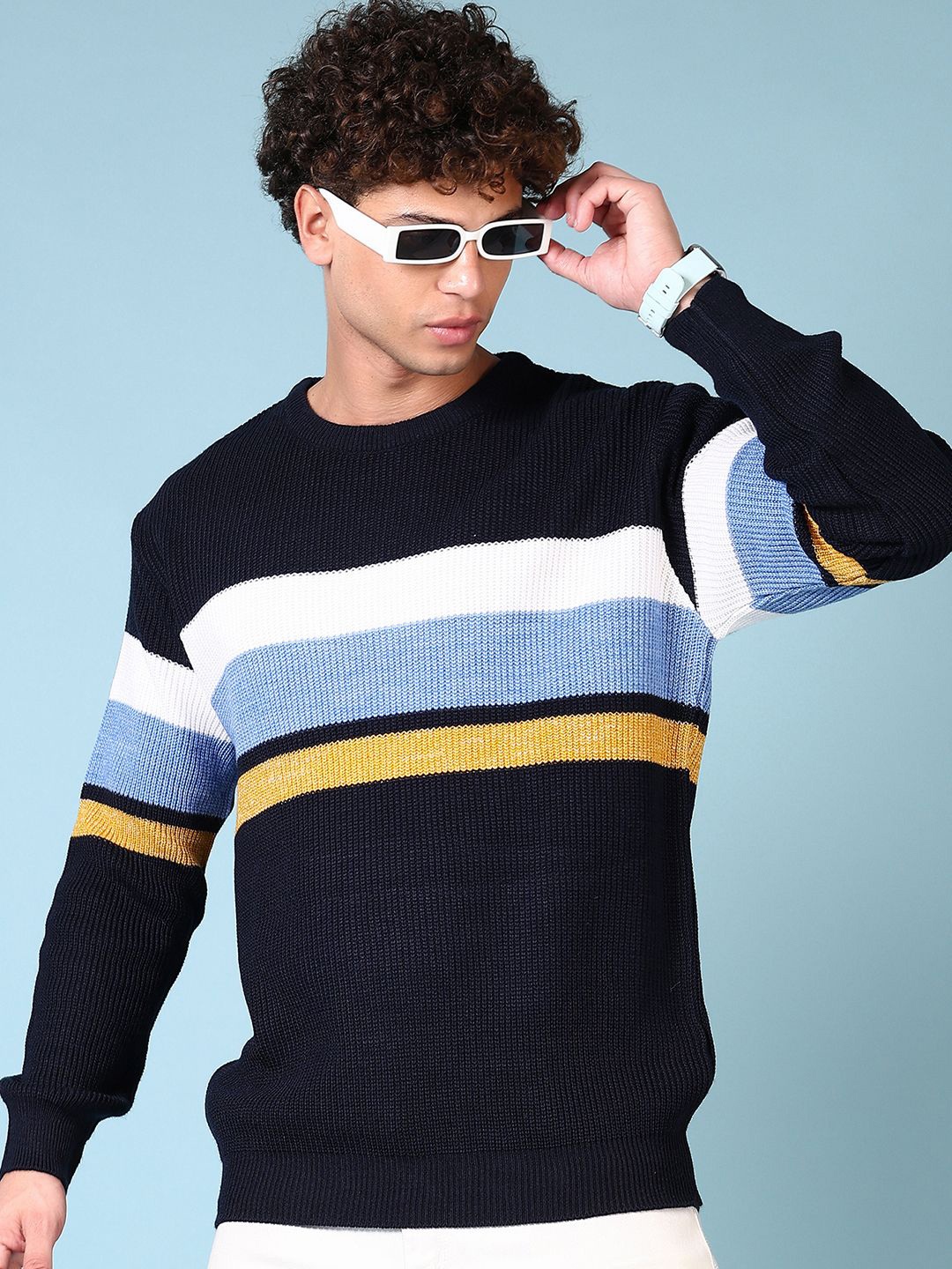 

V-Mart Men Ribbed Round Neck Pullover, Black