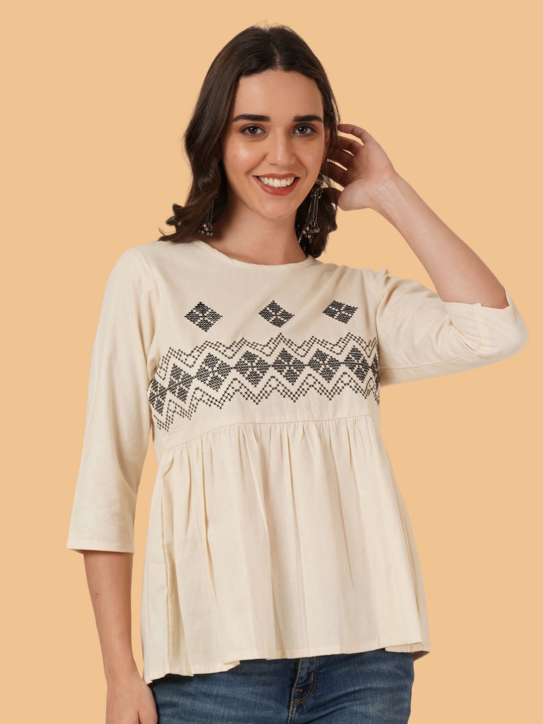 

Brownverse Embroidered Round Neck Cotton Peplum Top, Off white