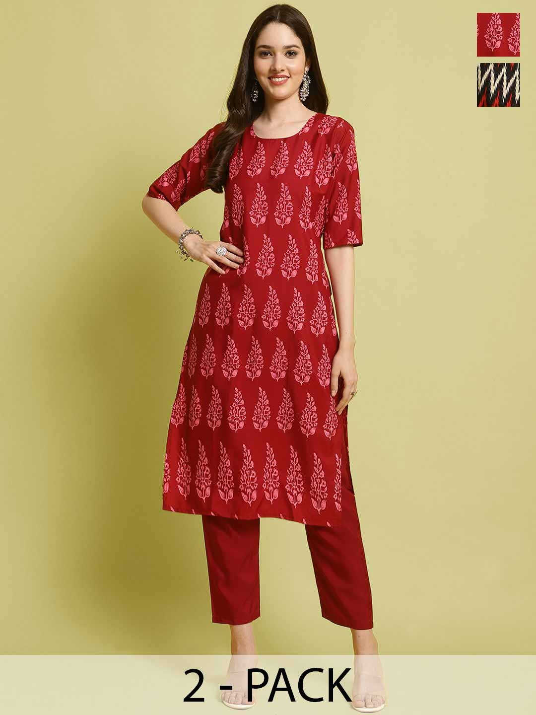 

7Threads Selection Of 2 Floral Printed Straight Kurta With Trousers, Red