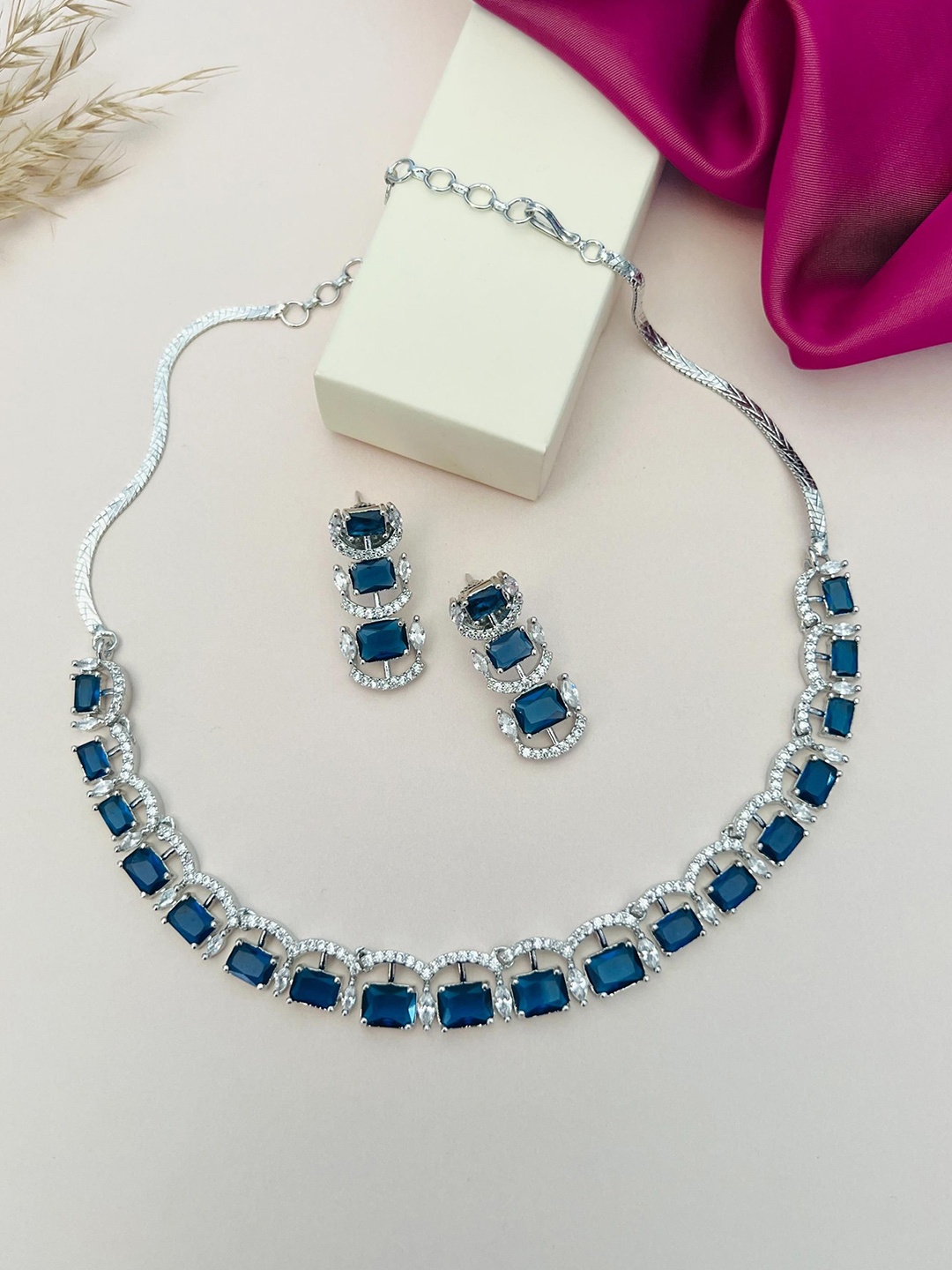 

ABDESIGNS Sliver Plated American Diamond Studded Jewellery Set, Silver