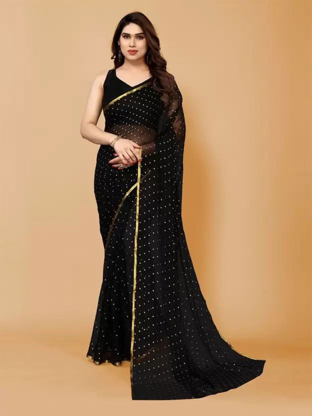 

SAADHVI Embellished Beads and Stones Pure Georgette Saree, Black