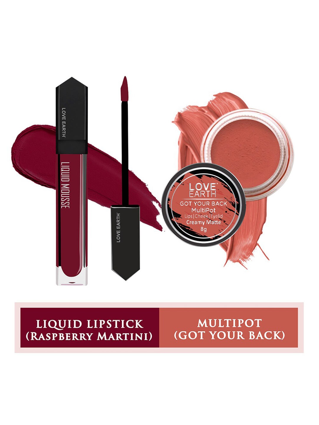 

LOVE EARTH Set of Liquid Mousse Matte Lipstick 6 ml + Got Your Back Multipot 8 g, Burgundy