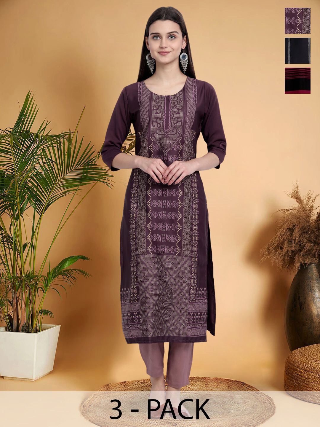 

7Threads Selection Of 3 Ethnic Motifs Printed Straigt Kurtas, Purple