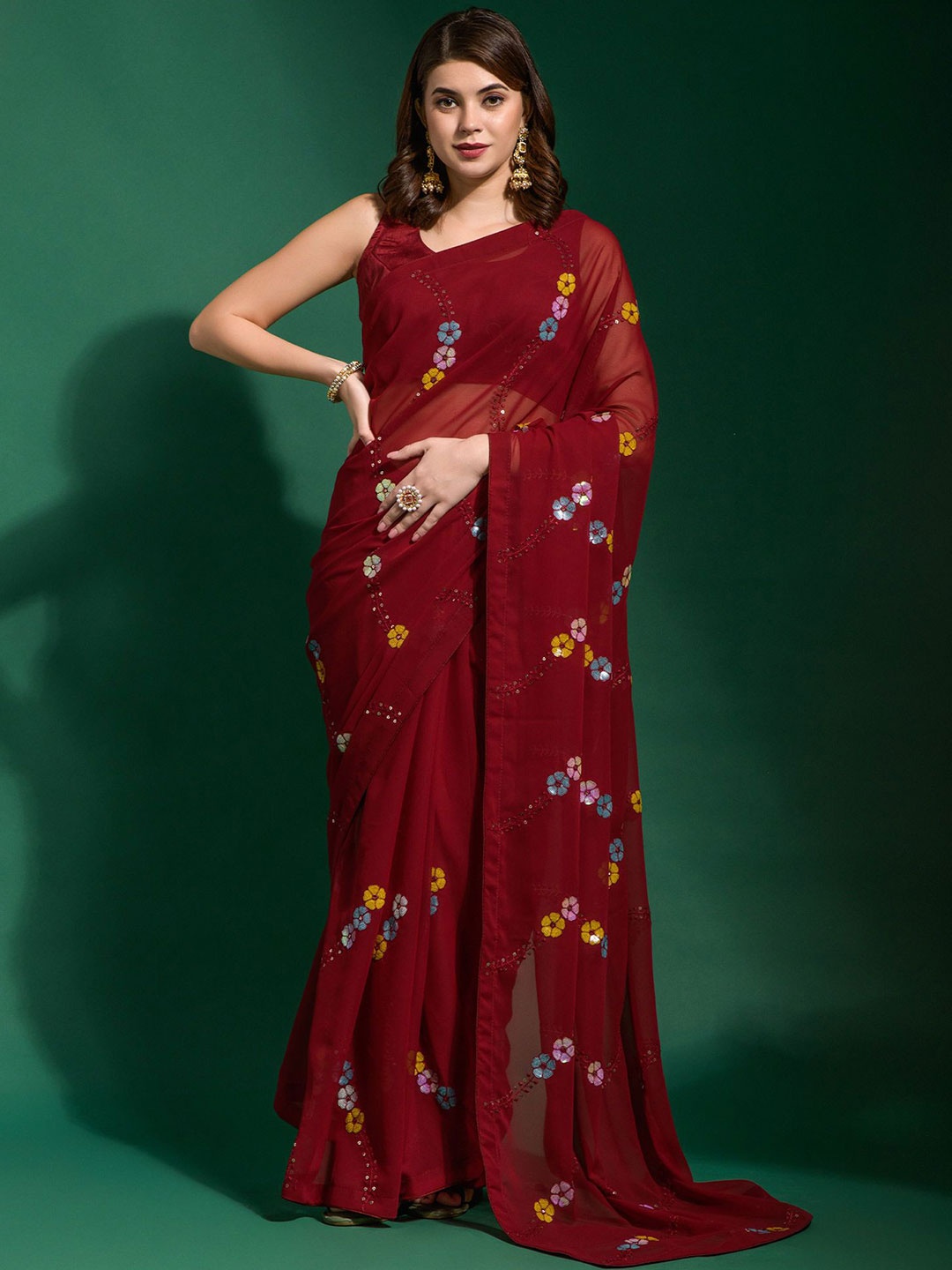 

Peachmode Floral Sequinned Pure Georgette Saree, Maroon