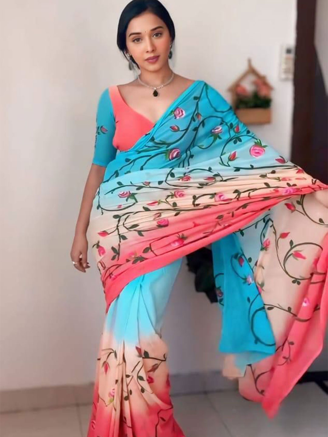

ZIBLON Floral Saree, Blue