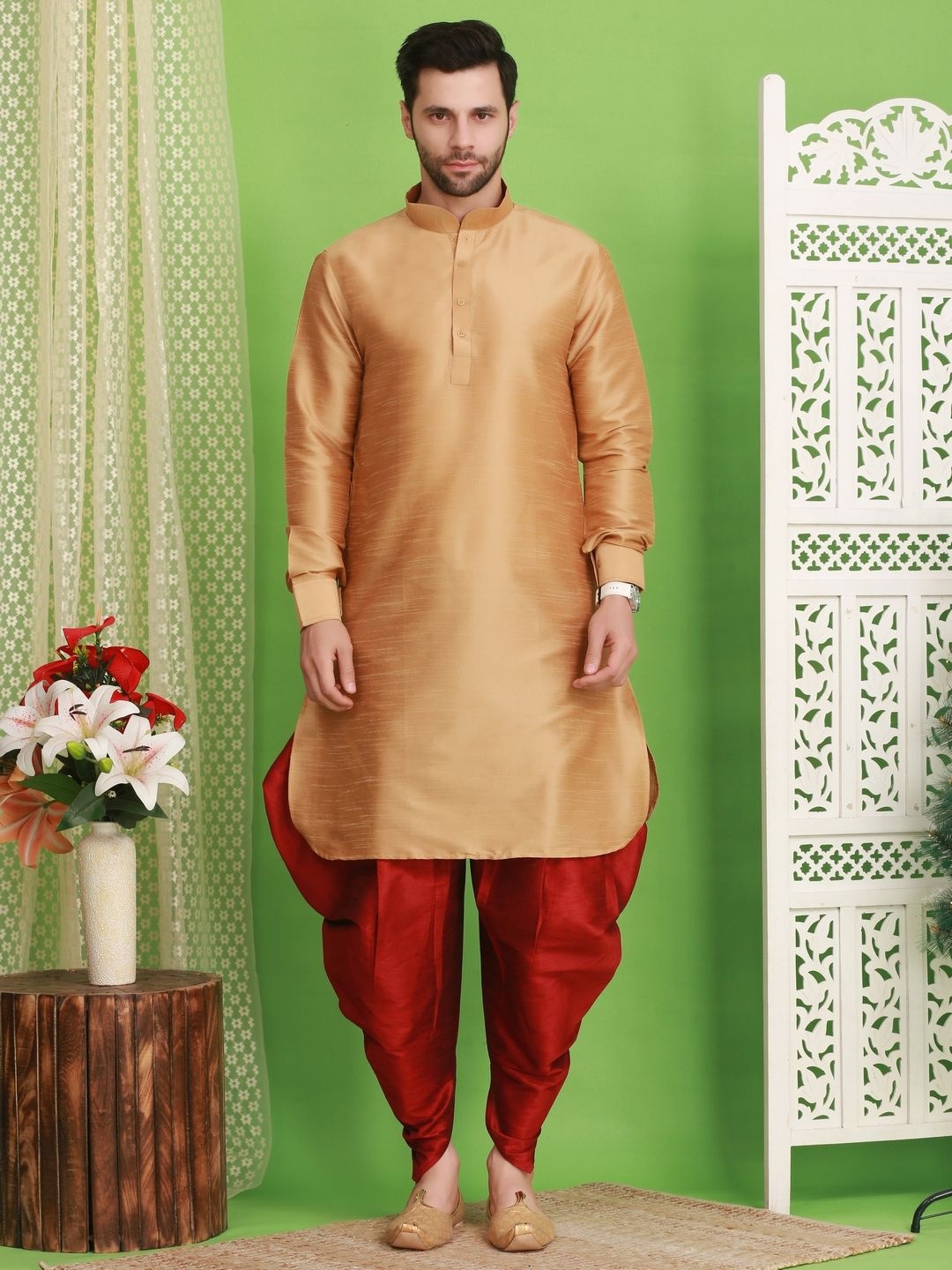 

Larwa Men Regular Dupion Silk Kurta with Salwar, Gold