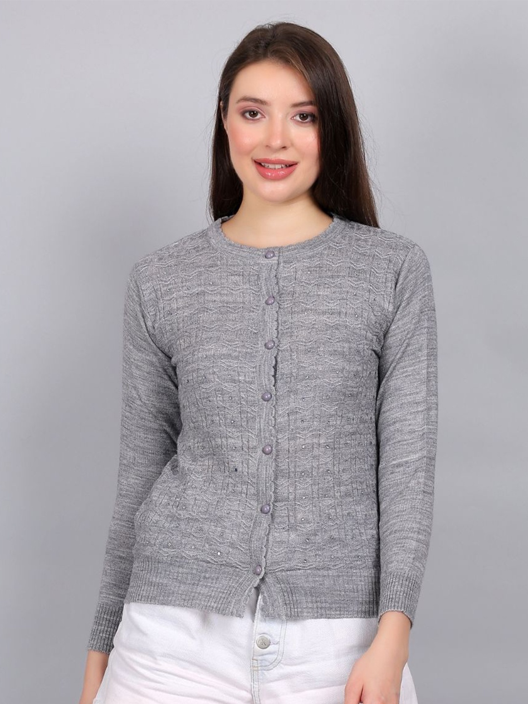 

YOUTH ROBE Women Round Neck Woollen Cardigan, Grey