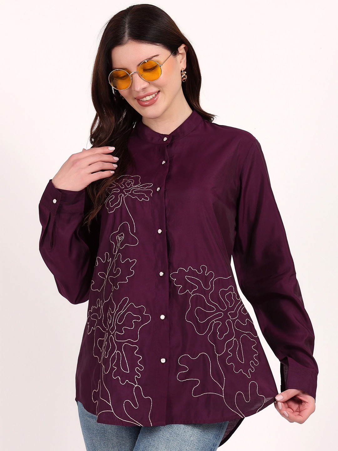 

Yadya Threads Women Floral Embroidered Shirt Style Longline Top, Purple