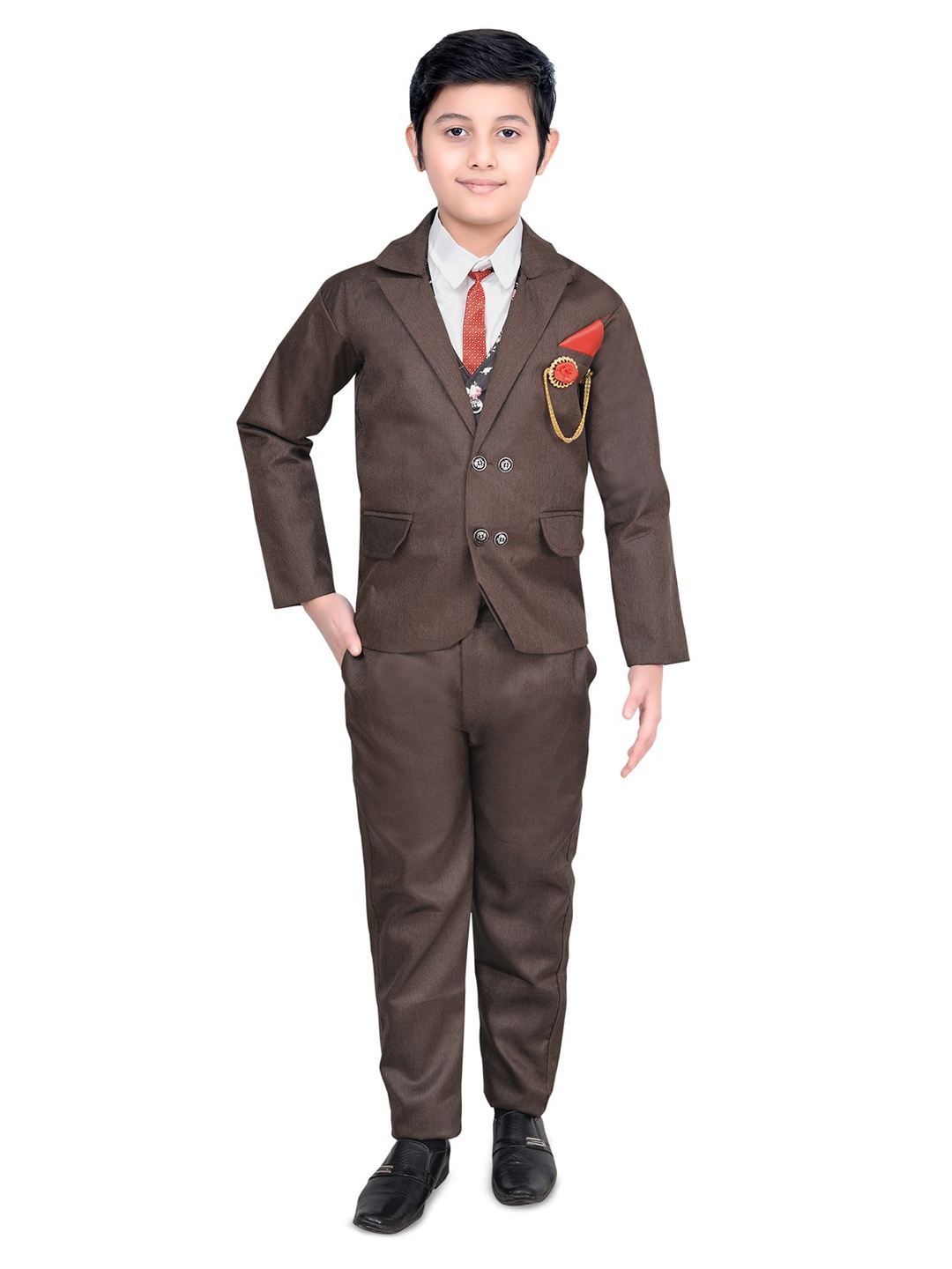 

SA COLLECTION Boys Notched Lapel Single-Breasted Party Four-Piece Suit, Coffee brown