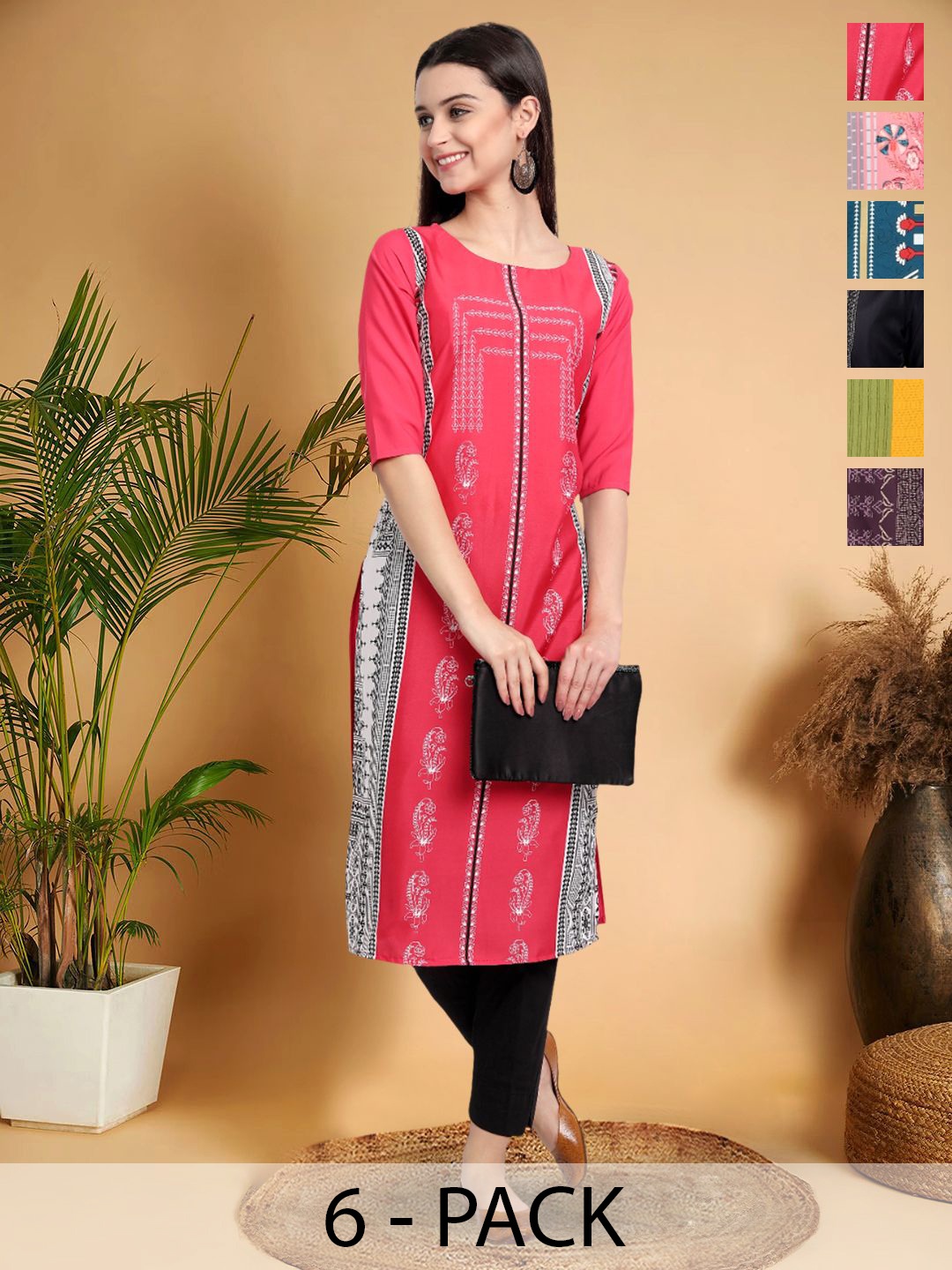 

7Threads Selection Of 6 Ethnic Motifs Printed Round Neck Kurtas, Red