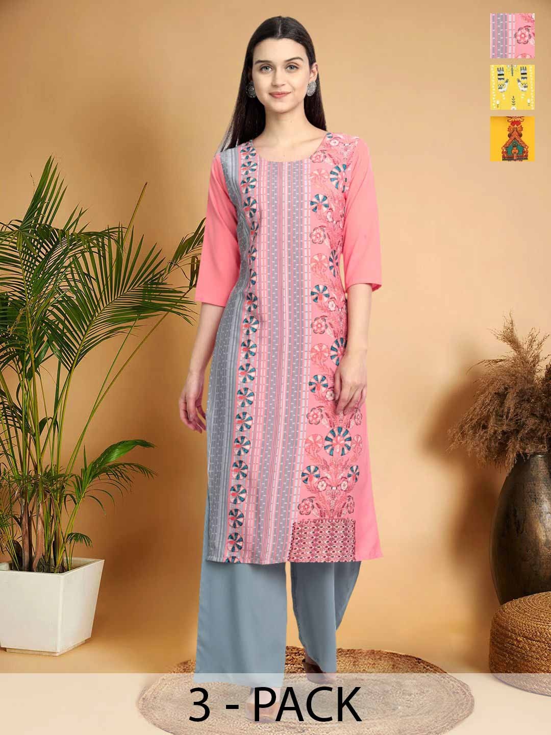 

7Threads Selection Of 3 Ethnic Motifs Printed Round Neck Straight Kurtas, Pink