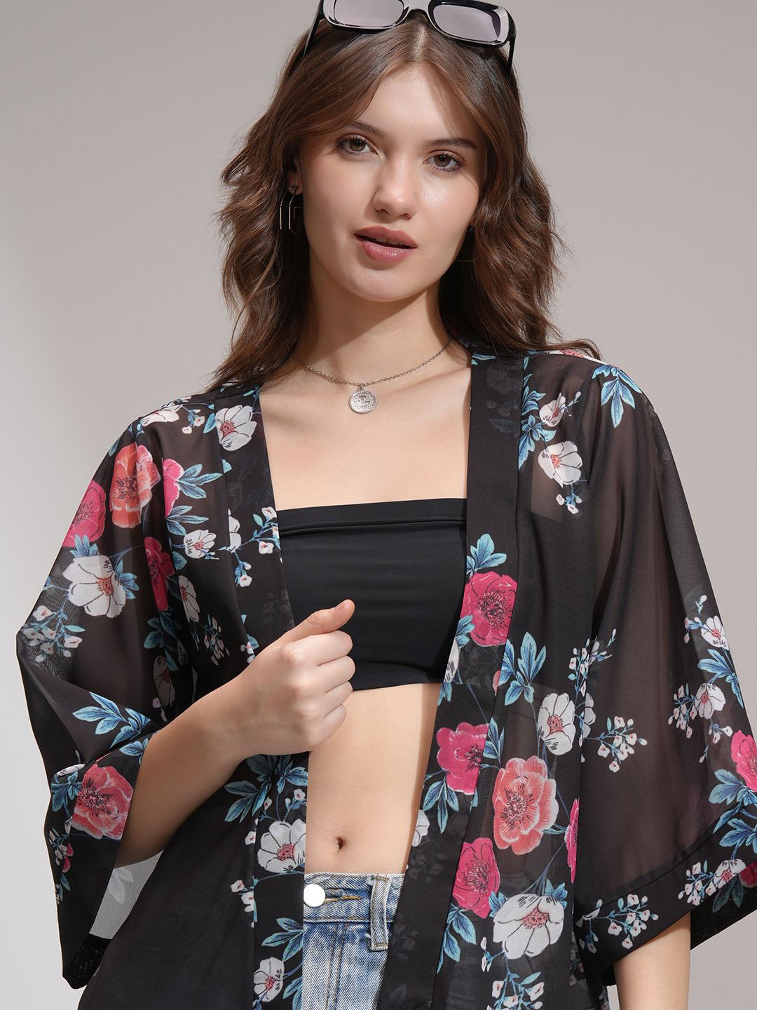 

ESPYR By Tokyo Talkies Floral Printed Front Open Shrug, Black