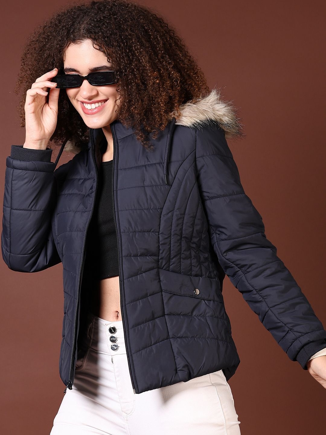 

V-Mart Women Mock Collar Solid Cotton Casual Parka Jacket, Navy blue