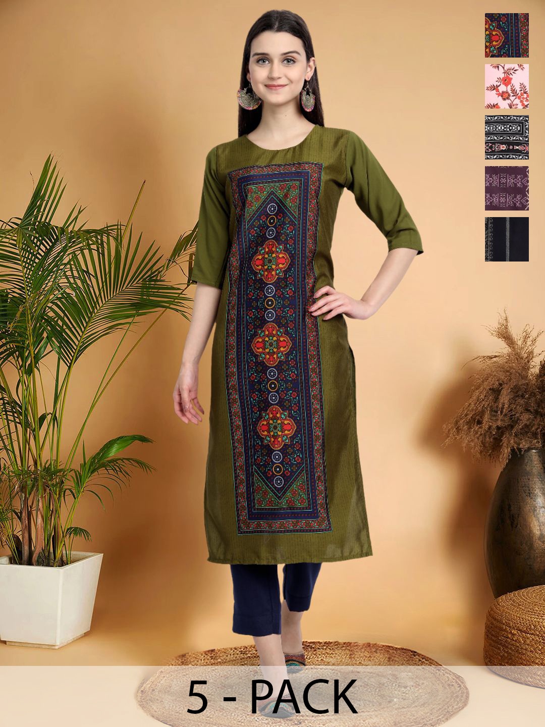 

7Threads Selection Of 5 Ethnic Motifs Printed Round Neck Straight Kurtas, Olive