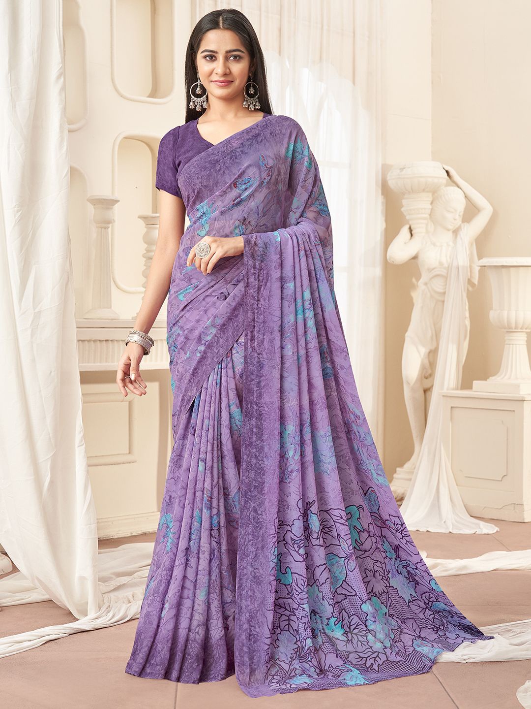 

Panzora Floral Printed Saree With Blouse Piece, Lavender