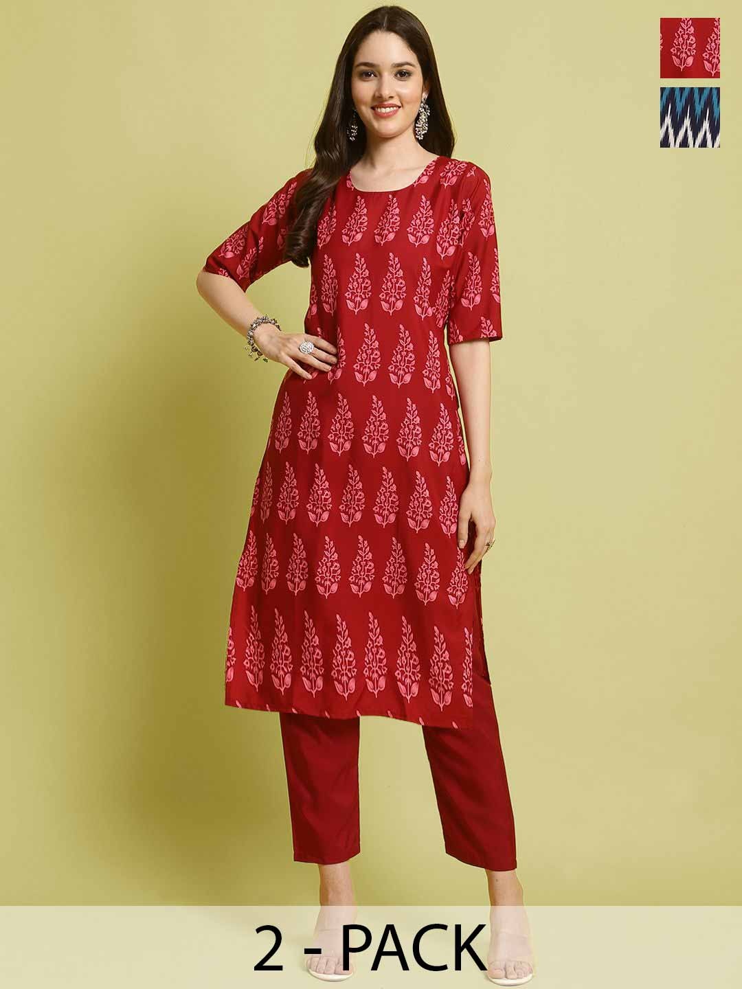

7Threads Selection Of 2 Floral Printed Straight Kurta With Trousers, Maroon