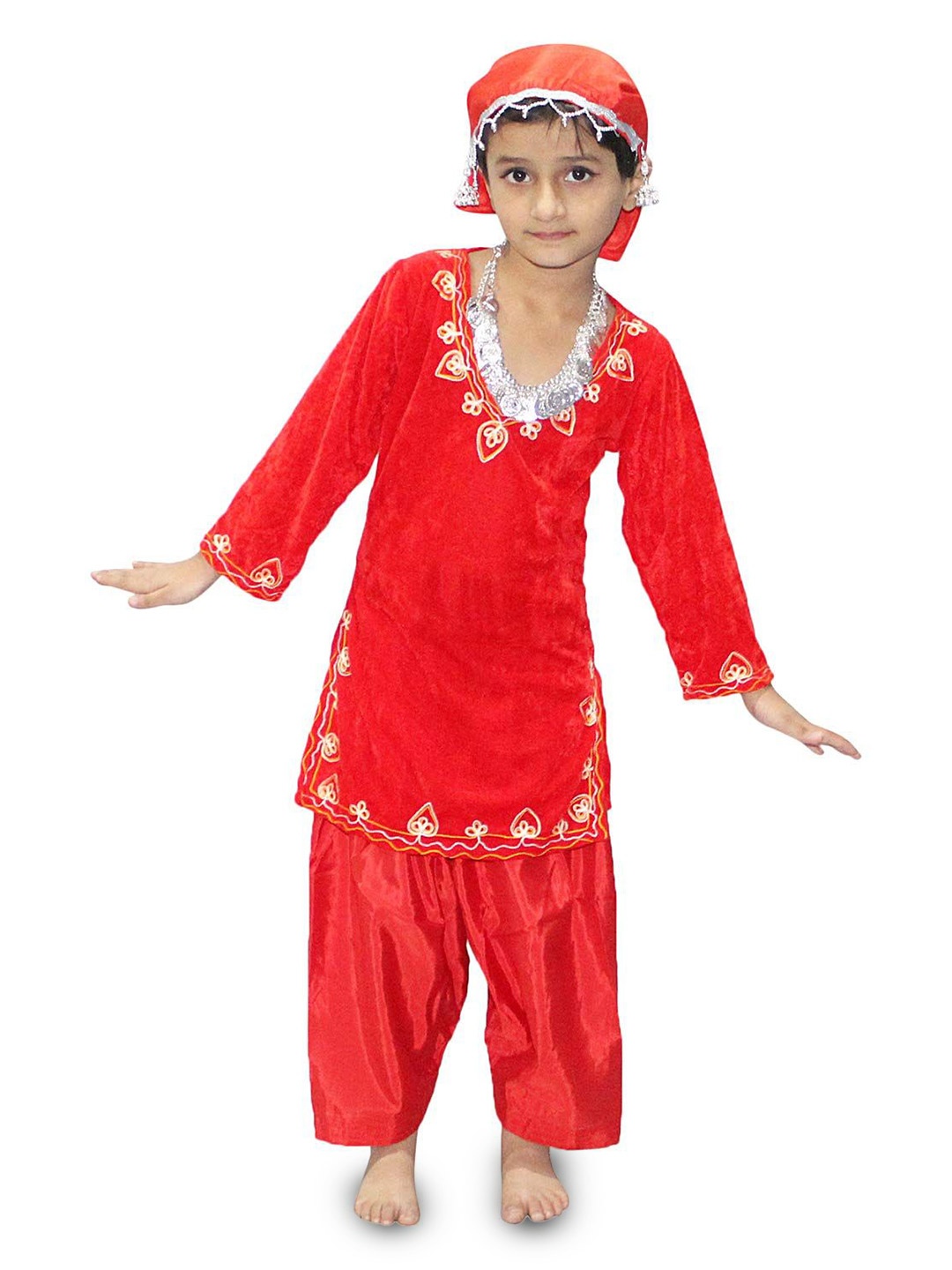 

Kaku Fancy dresses Girls Kashmiri Dance Costume Embroidered Tunic With Trouser & Scarf, Red