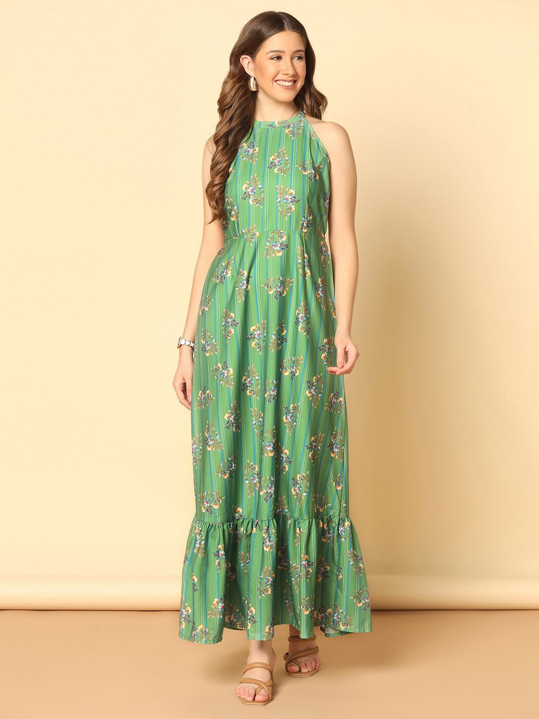 

Moda Rapido Women Floral Printed Halter Neck A-Line Maxi Dress, Green