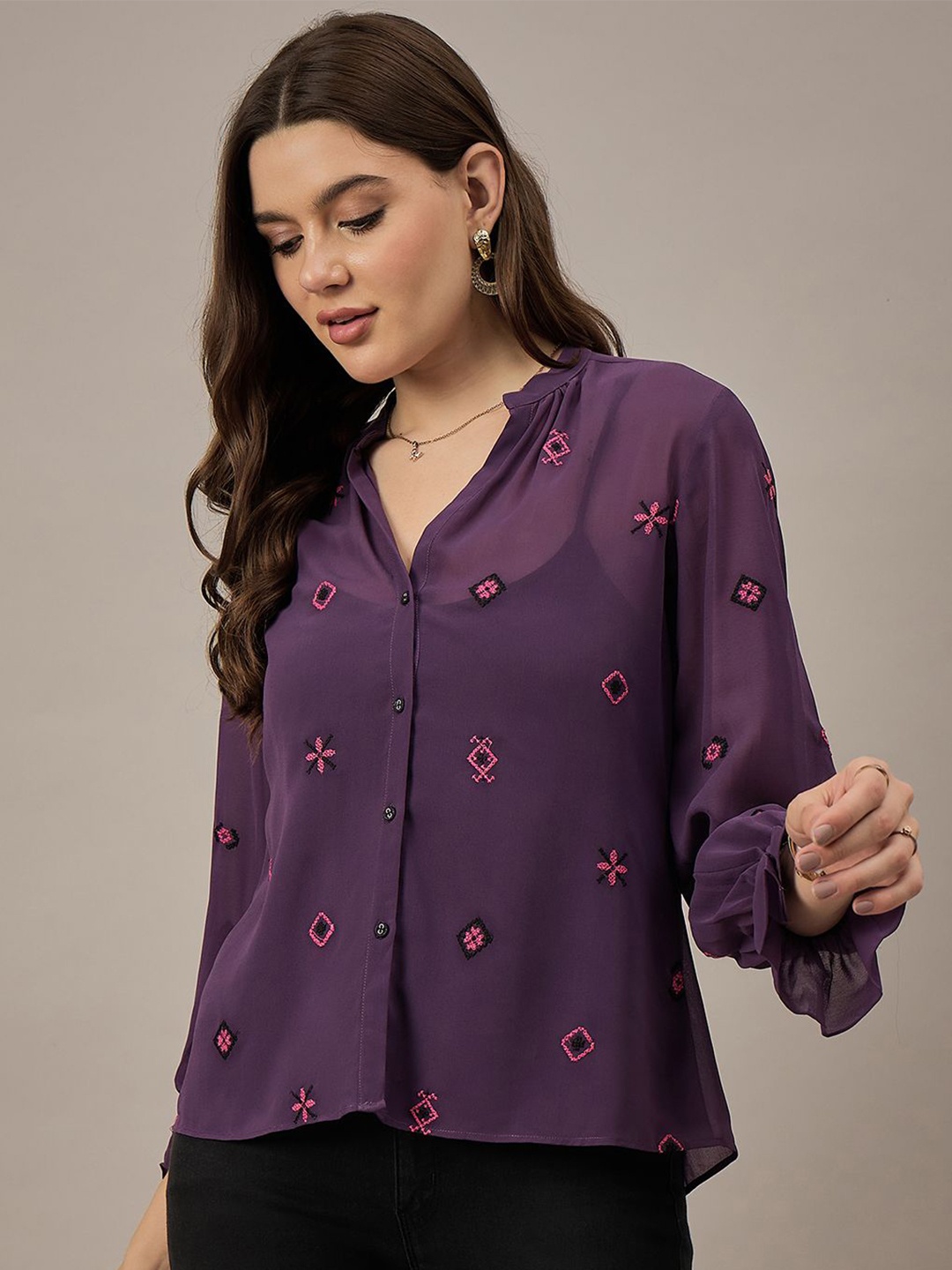 

The Roadster Lifestyle Co. Women Mandarin Collar Conversational Printed Casual Shirt, Purple