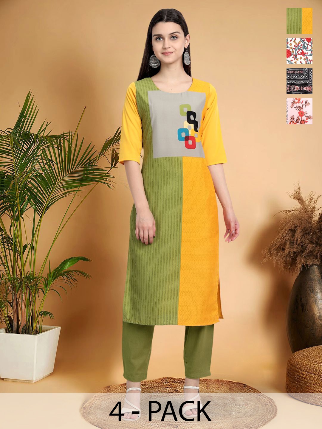 

7Threads Selection Of 4 Colourblocked Printed Straight Kurtas, Yellow
