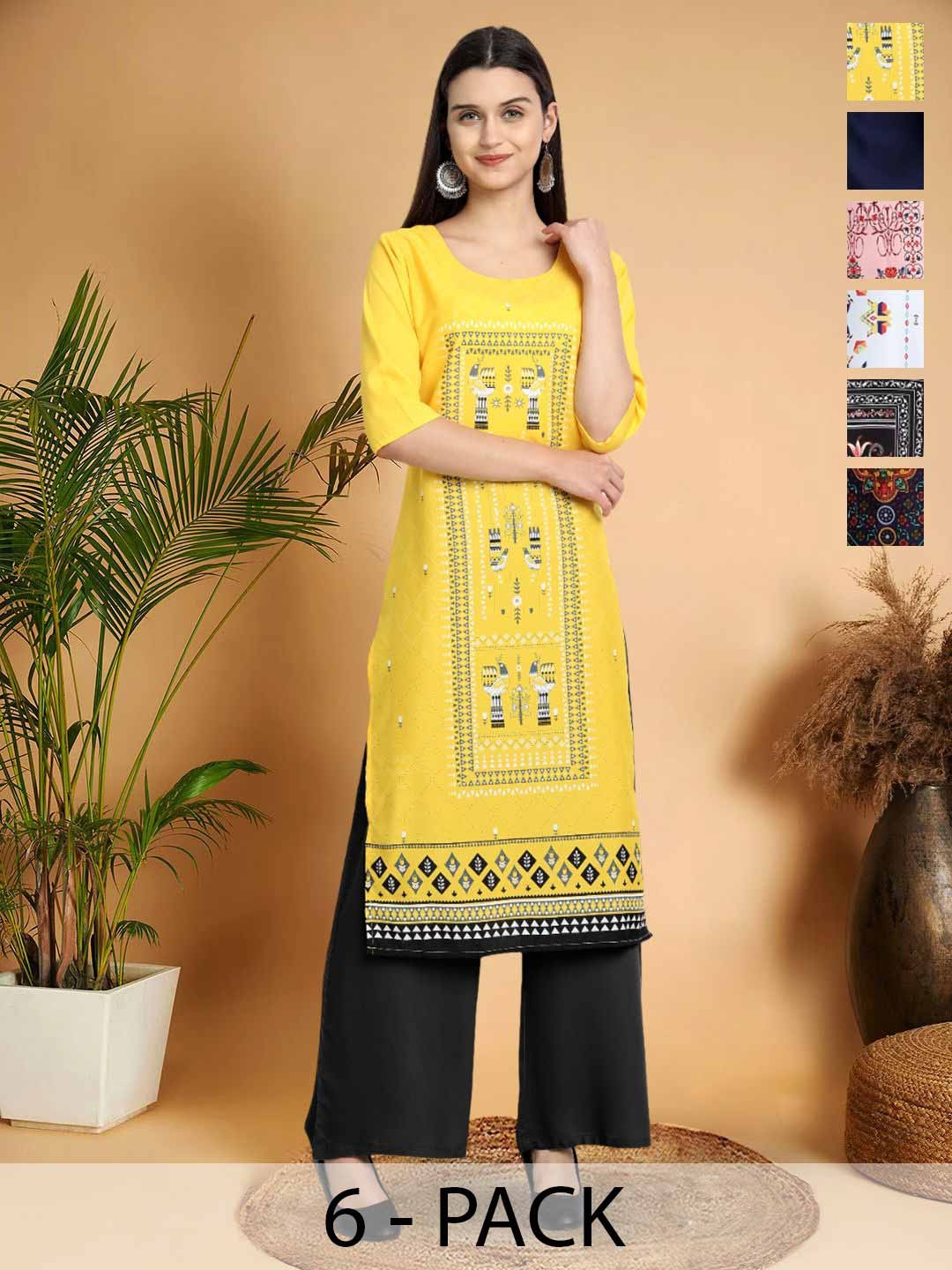 

7Threads Selection Of 6 Ethnic Motifs Printed Round Neck Kurtas, Yellow