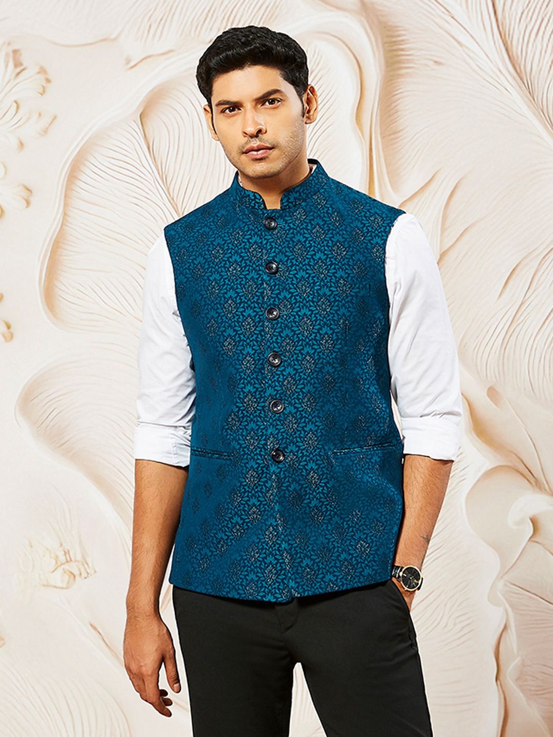 

VASTRAMAY Woven Design Nehru Jacket, Turquoise blue