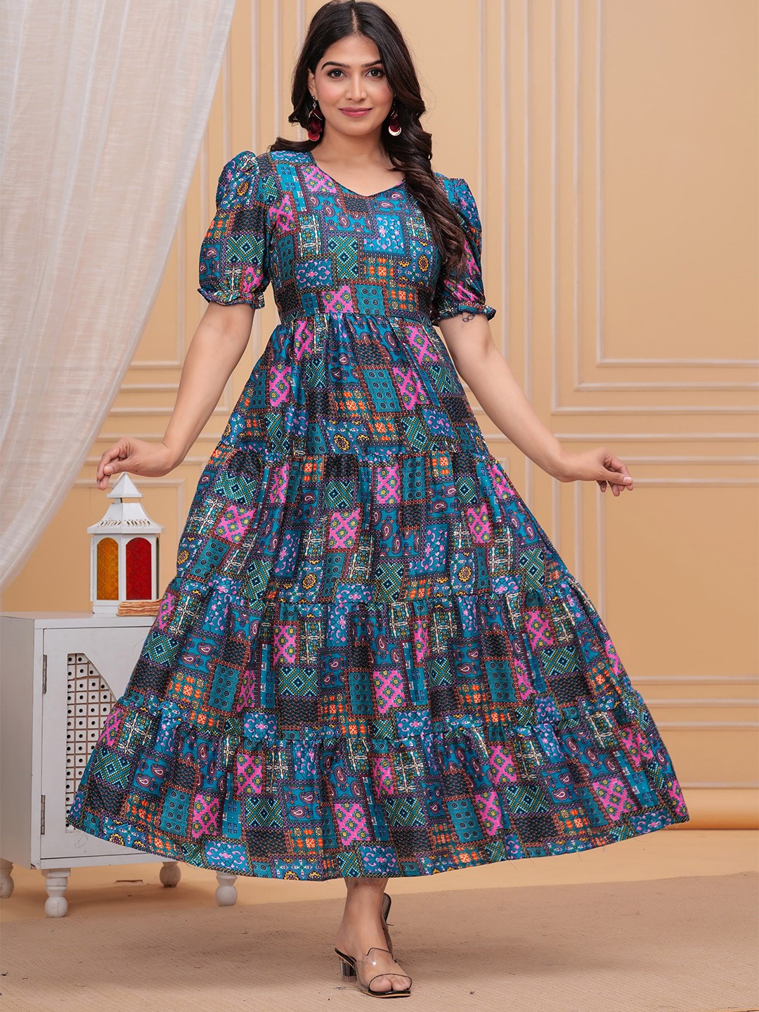 

AARYAHI Women Floral Printed Cotton Anarkali Gown Dress, Blue